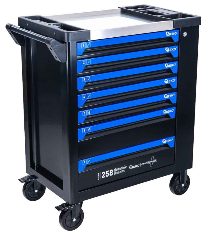 Dielenský vozík na náradie so 7 zásuvkami, náradie- 258 dielov, 850x450x950 mm, GEKO 15