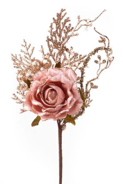 Vetvička MagicHome Vianoce, s ružou, ružovo - zlatá, 26 cm