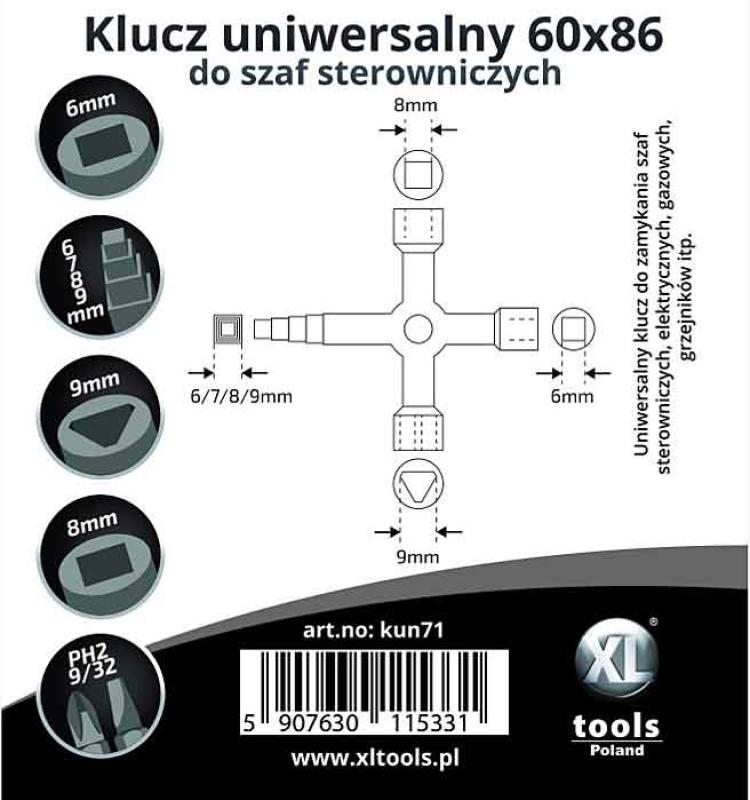 Kľúč univerzálny na rozvádzacie skrinky 60 x 86 mm, 4 rôzne koncovky, kovový, XL-TOOLS 5