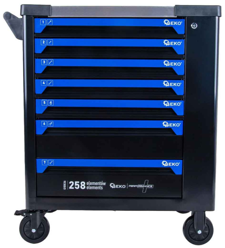 Dielenský vozík na náradie so 7 zásuvkami, náradie- 258 dielov, 850x450x950 mm, GEKO 16