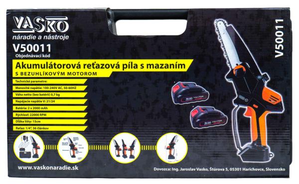 Akumulátorová reťazová píla s mazaním, lišta 15 cm, 2x bat. 2Ah 21V, 1x nabíjačka, VASKO 4