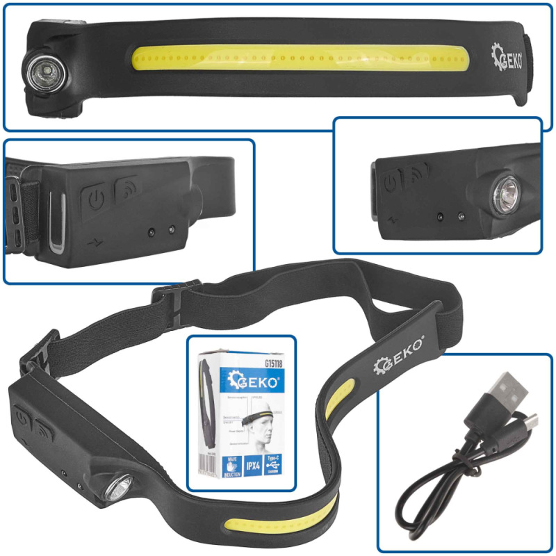 Čelová baterka s pohybovým senzorom LED COB 3W+1W 350 lm, 1200 mAh, GEKO