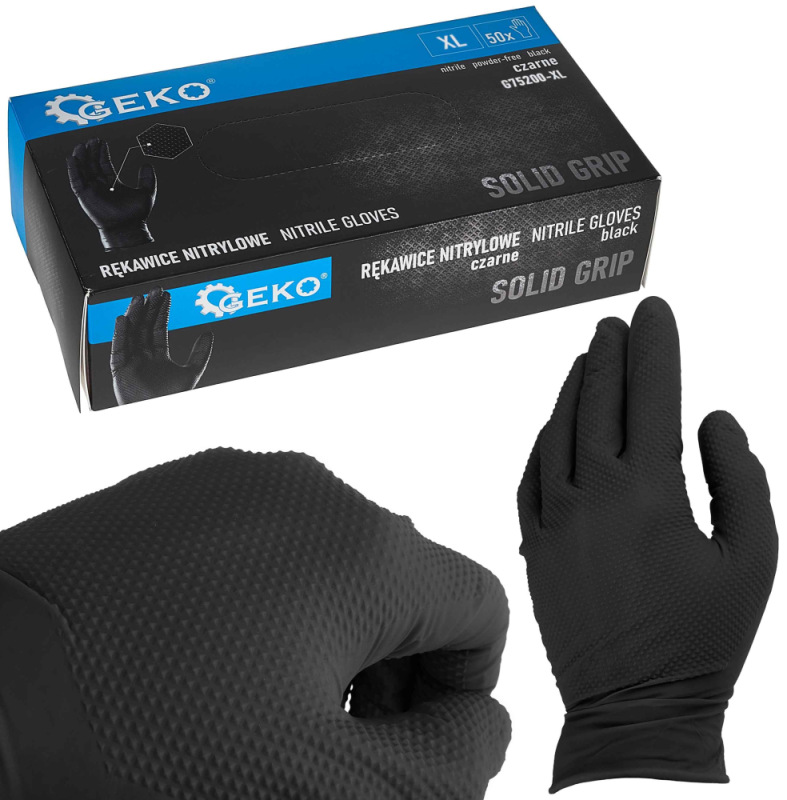 Rukavice nitrilové čierne, sada 50ks, veľkosť XL, SOLID GRIP, GEKO