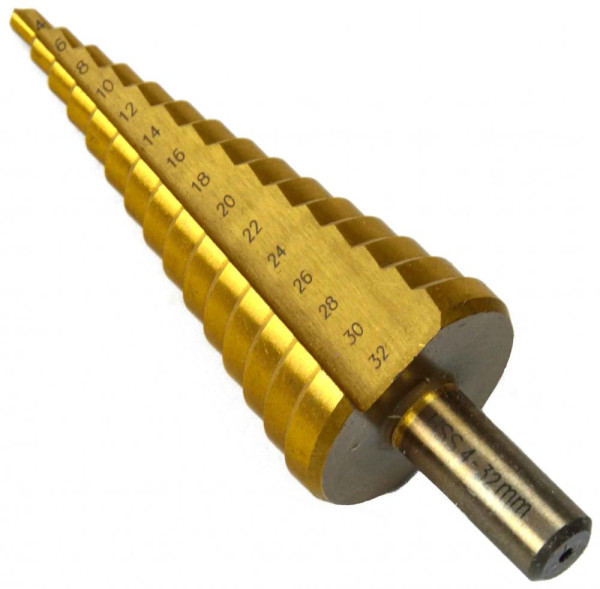 Vrták stupňovitý 4-32 mm do plechu, krok 2mm, TiN, GEKO