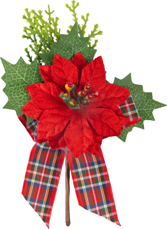 Vetvička MagicHome Vianoce, s kvetom poinsettia a stuhou, červená, 17 cm
