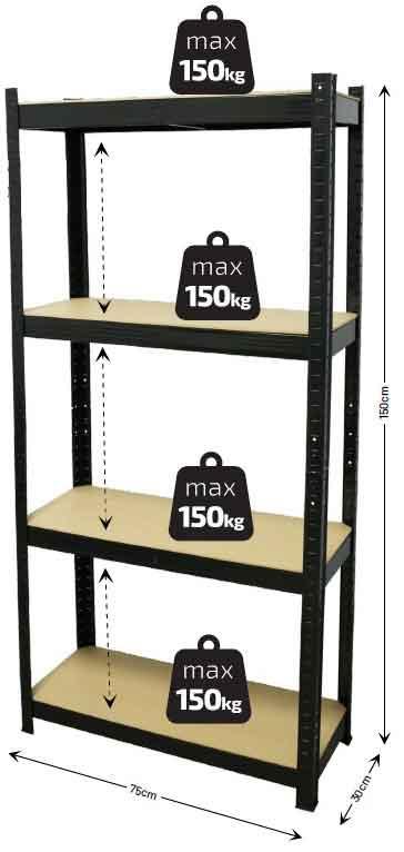 Kovový regál so 4 policami z MDF dosky 1500 x 750 x 300cm, nosnosť police 150kg, XL-TOOLS 4