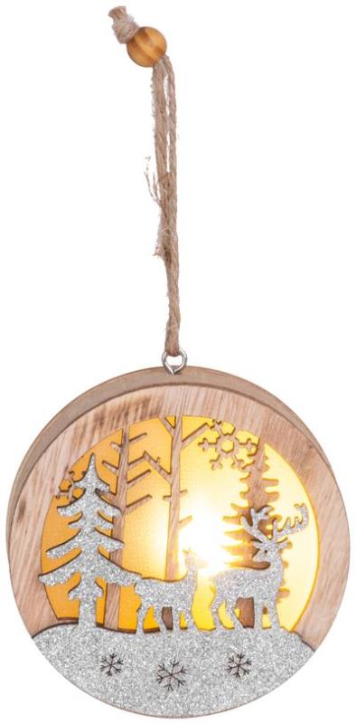Dekorácia MagicHome Vianoce, Jeleň v guli, LED, závesná, drevená, MDF, 85x20x85 mm