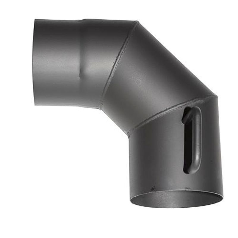 Koleno HS.K 090/120/1,5 mm, s klapkou, dymovod, dymové kominové koleno na spájanie rúr dymovodu 1