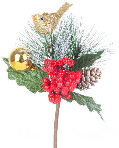 Vetvička MagicHome Vianoce, s vtáčikom, červeno - zlatá, 16 cm