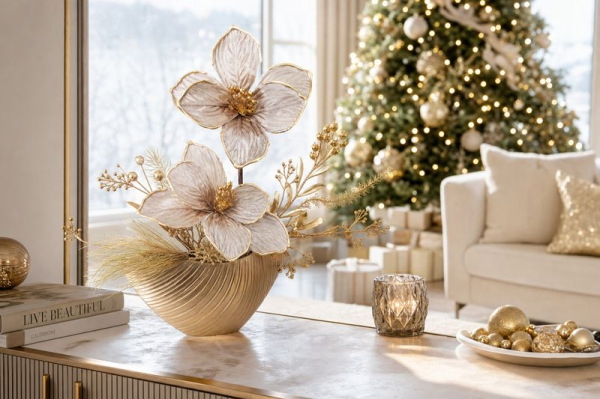 Kvet MagicHome Vianoce, magnólia, champagne, 13,5 cm, veľkosť kvetu: 19 cm 1