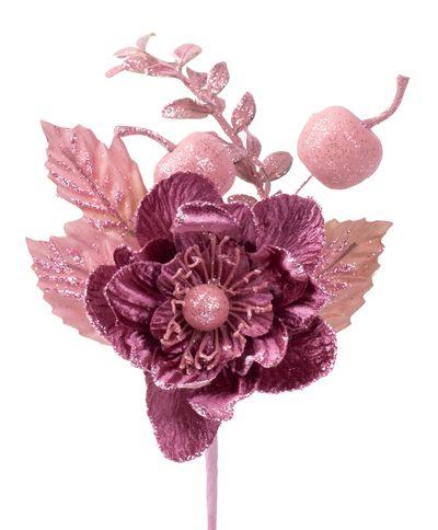 Vetvička MagicHome Vianoce, s kvetom, ružová, 22 cm