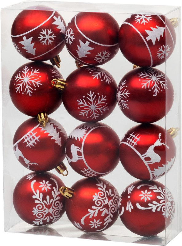 Gule MagicHome Vianoce, 12 ks, 6 cm, červené s bielym ornamentom, na vianočný stromček