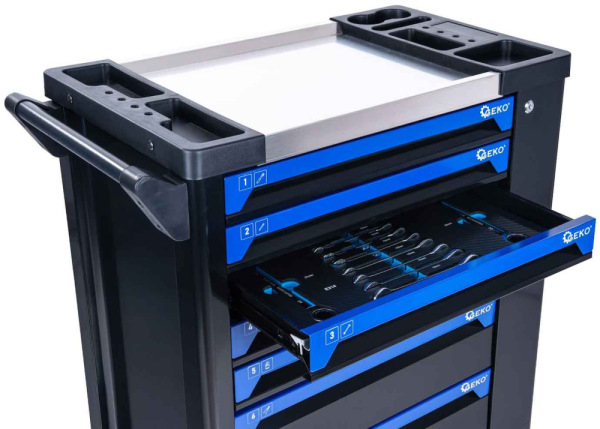 Dielenský vozík na náradie so 7 zásuvkami, náradie- 258 dielov, 850x450x950 mm, GEKO 12