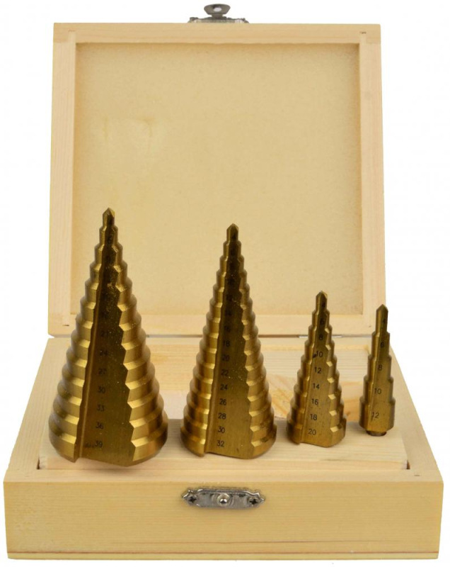 Sada stupňovitých vrtákov 4-dielna, 4-12, 4-20, 4-32,4-39 TiN, GEKO 2