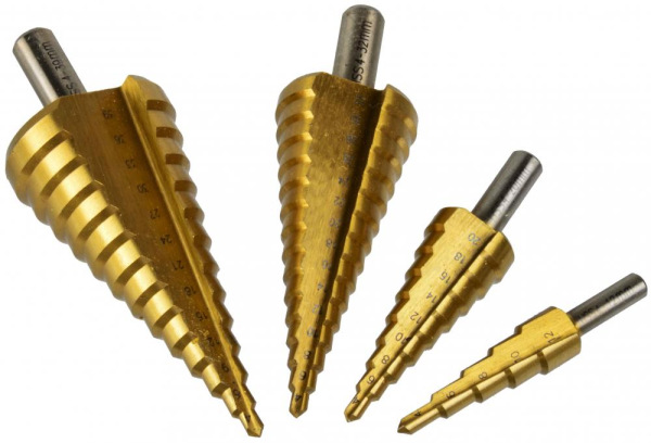 Sada stupňovitých vrtákov 4-dielna, 4-12, 4-20, 4-32,4-39 TiN, GEKO 4