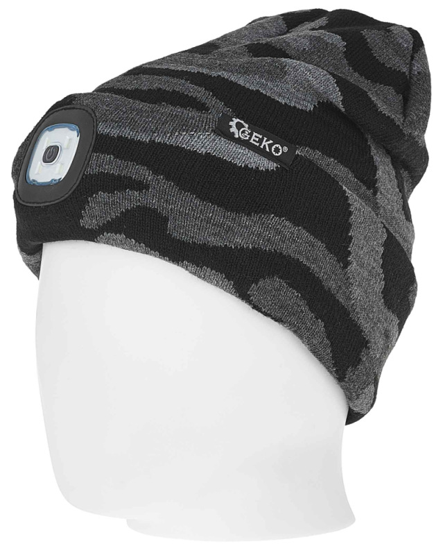 Zimná čiapka s LED svetidlom, čierno sivá, GEKO