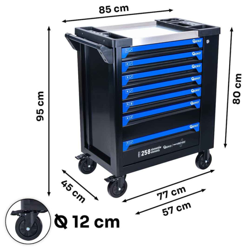 Dielenský vozík na náradie so 7 zásuvkami, náradie- 258 dielov, 850x450x950 mm, GEKO 3