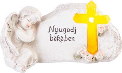 Dekorácia MagicHome, Anjel s krížom, polyresin, na hrob, solar, 20,5x11x11 cm, s maďarským názvom