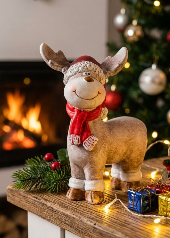 Dekorácia MagicHome Vianoce, Sob s červeným šálom, polyresin, 20x20x24 cm 1