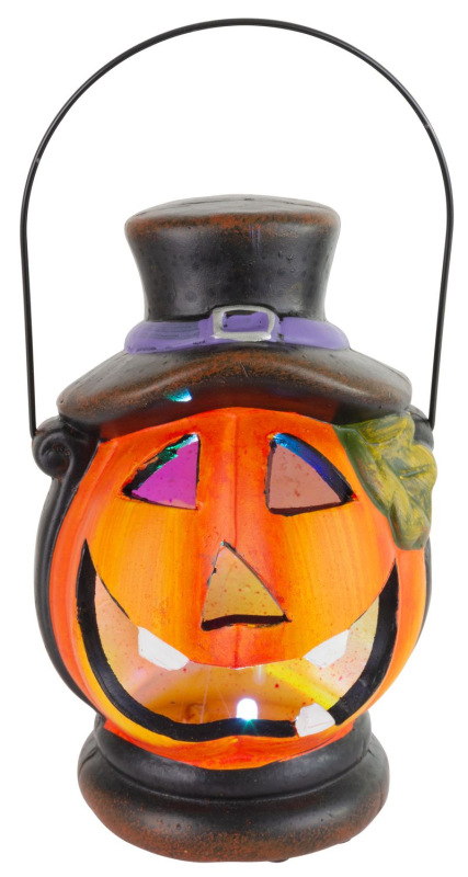 Dekorácia MagicHome Nature, Lampášik tekvica LED, s klobúkom, keramika, 15 cm