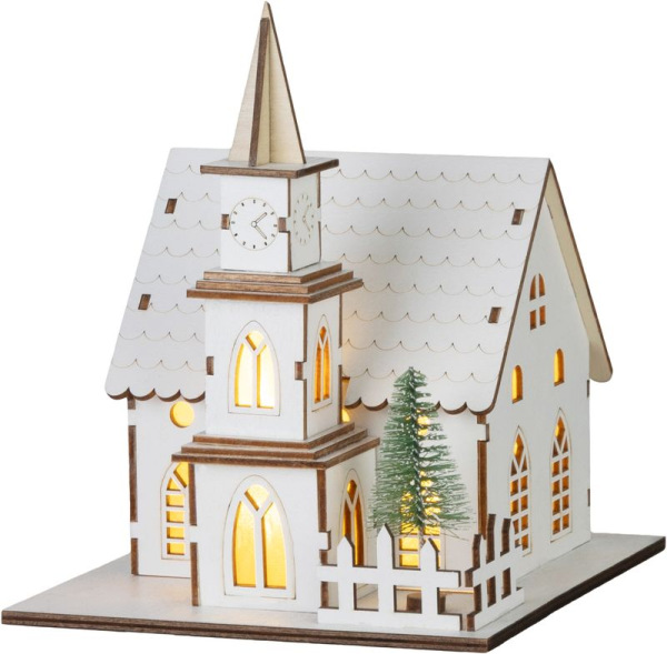 Dekorácia MagicHome Vianoce, kostol, drevo, 6xLED teplá biela, 15x17x18.5 cm, 2xAAA