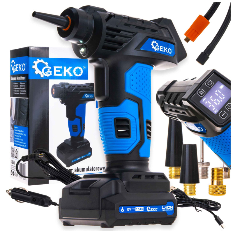 Akumulátorový kompresor 0,2-10,3 Bar, 12V, 1,5Ah batéria, 23l/min, LCD display, GEKO