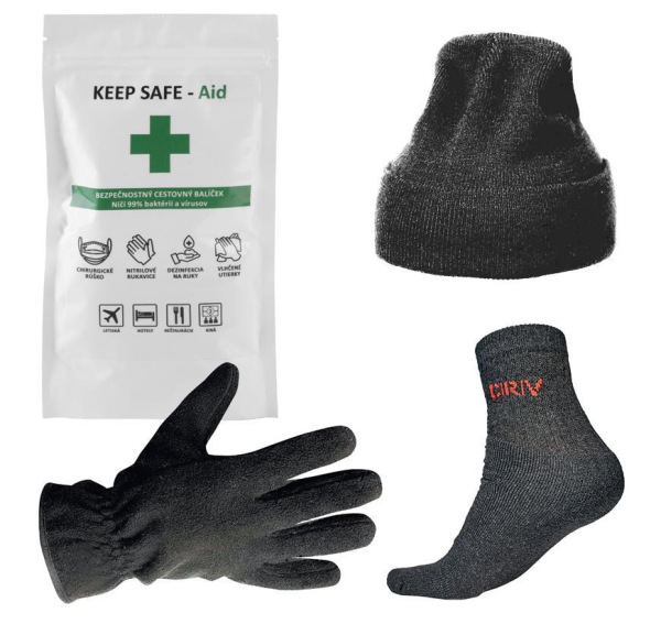 Darčekový set - KEEP SAFE dezinfekcia, čiapka, rukavice, ponožky