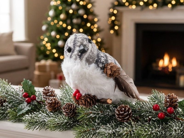 Vtáčik MagicHome Vianoce, 15x10x12.5 cm, bielo - sivý, páperový 1