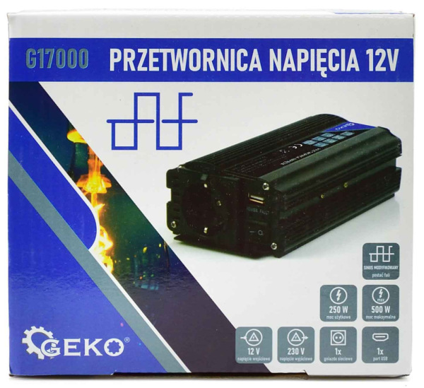 Menič napätia, vstup 12V/ výstup 230V, trvalý výkon 250W/nárazový výkon 500W, GEKO 9
