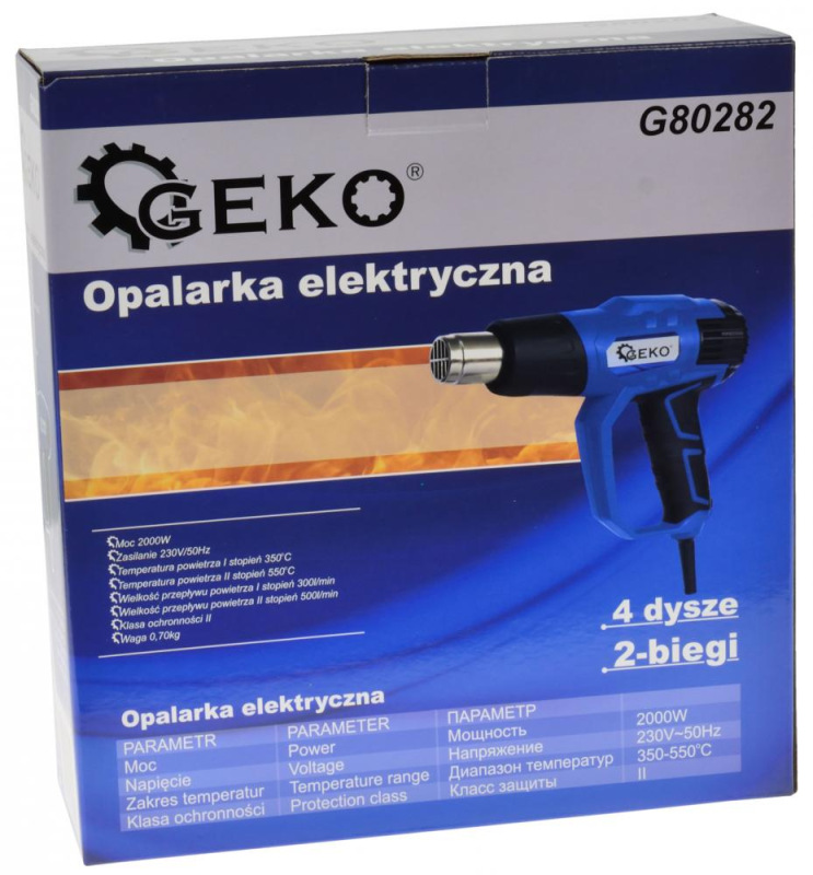 Teplovzdušná pištoľ 2.000 W, 4 dýzy, 2 stupne teploty, 350/550 C°, ochranný kryt, GEKO 6