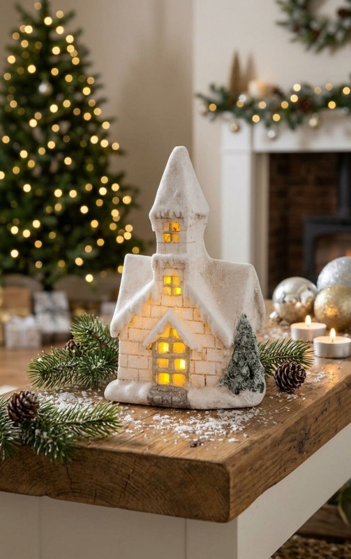 Dekorácia MagicHome Vianoce, Kostol, 3 LED žltá, keramika, 2xAAA, interiér, 17x11x27 cm 1