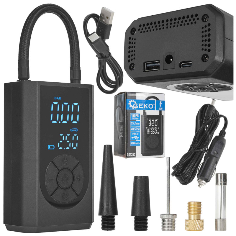 Kompresor do auta/na bicykel 4000mAh, 84W,10 barov, GEKO