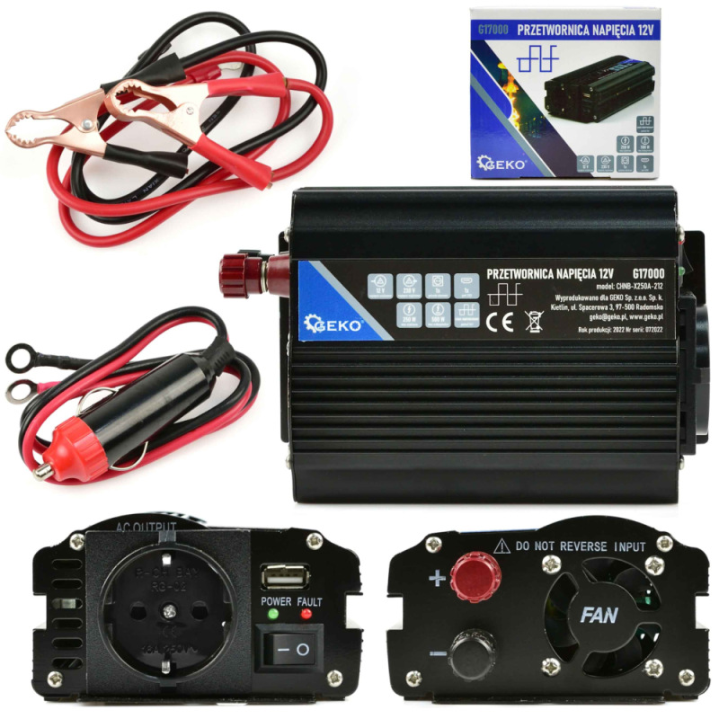 Menič napätia, vstup 12V/ výstup 230V, trvalý výkon 250W/nárazový výkon 500W, GEKO 10