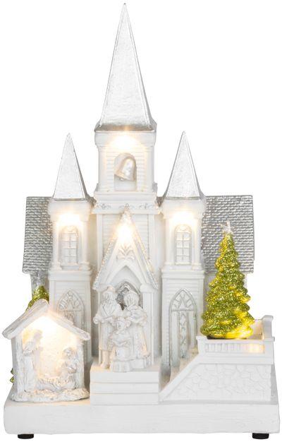 Dekorácia MagicHome Vianoce, Kostol s betlehemom, 6 LED biela, 3xAA, interiér, 17x13x25 cm