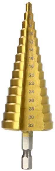 Vrták stupňovitý 4-32 mm do plechu, krok 2mm, rovná drážka, MAR-POL
