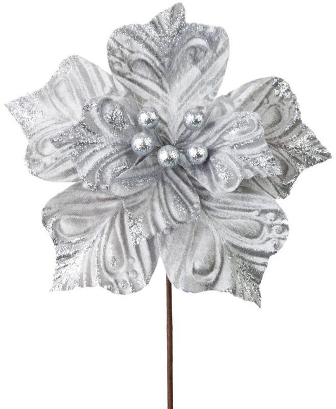 Kvet MagicHome Vianoce, poinsettia, strieborný, 23,5 cm, veľkosť kvetu: 22 cm