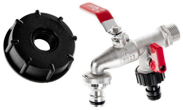 Ventil dvojitý 1/2" pre IBC nádrž 1000 l, závit 3/4", dva výstupy na 1/2" rýchlospojku 1