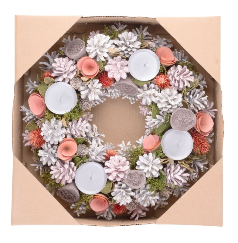 Veniec MagicHome Vianoce, prírodný, adventný, ružový, sivé hroty, 38 cm 1