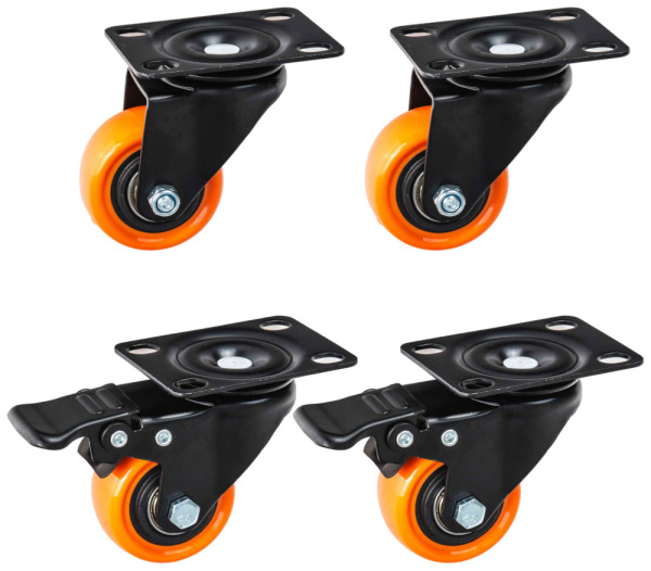 Sada 4 otočných koliesok 50 mm, nosnosť 50 kg - 2 kolieska s brzdou, GEKO