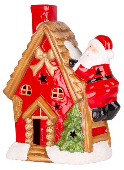 Dekorácia MagicHome Vianoce, Domček so santom na streche, LED, terakota, 2xAAA, 27x13x34 cm