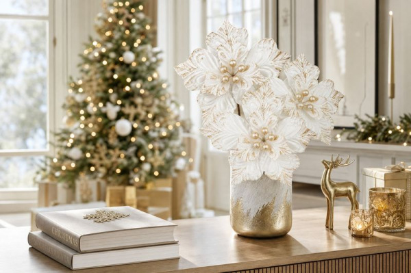 Kvet MagicHome Vianoce, poinsettia, biely, 23,5 cm, veľkosť kvetu: 22 cm 1