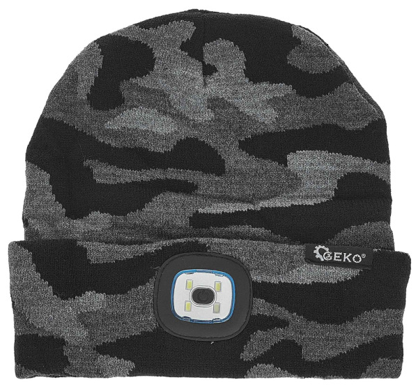 Zimná čiapka s LED svetidlom, čierno sivá, GEKO 3