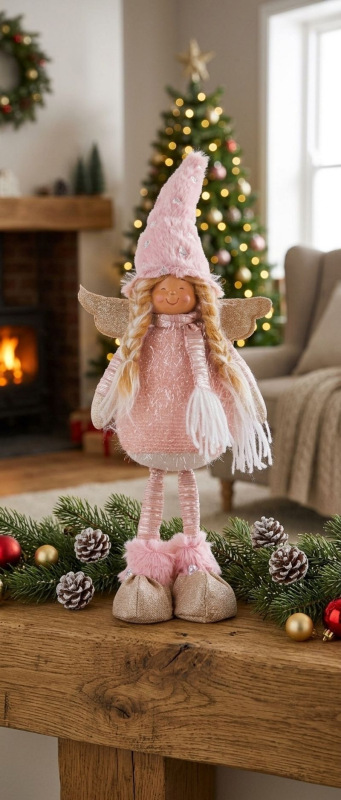 Postavička MagicHome Vianoce, Anjelik s blond vrkočmi, látkový, ružovo-hnedý, stojace, 17,50x10x44 c 1