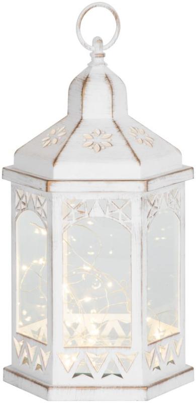 Lampáš MagicHome Vianoce Morocco, LED teplá biela, biely, 3xAAA, plast, časovač, 18x15x32 cm