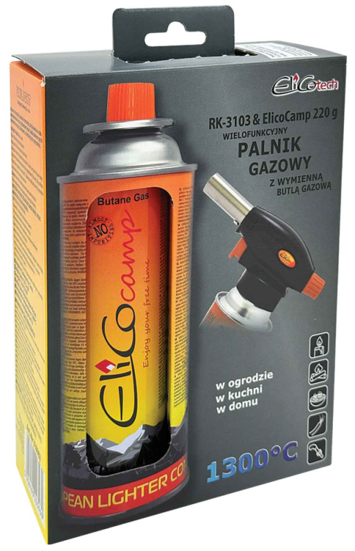 Spájkovacia lampa s piezo zapaľovačom a kartušou 220g, otočný uzáver, ELICO 1