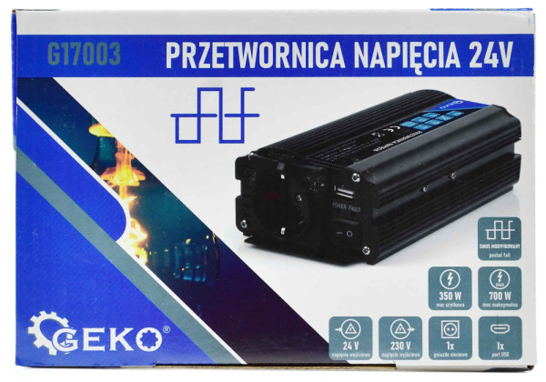 Menič napätia, vstup 24V/ výstup 230V, trvalý výkon 350W/nárazový výkon 700W,, GEKO 2