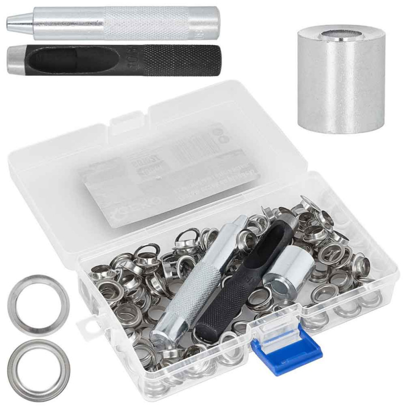 Sada očiek na plachty s nitovacím nástrojom a dierovačom 10 mm, 100-dielna, GEKO