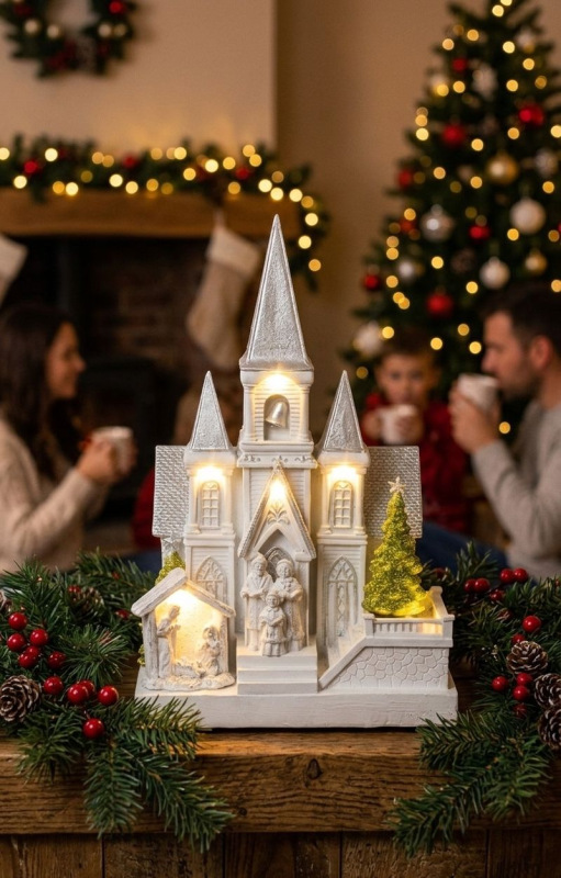 Dekorácia MagicHome Vianoce, Kostol s betlehemom, 6 LED biela, 3xAA, interiér, 17x13x25 cm 1