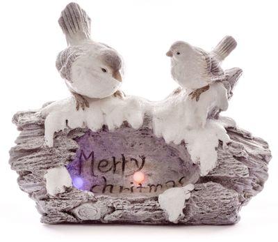 Dekorácia MagicHome Vianoce, Vtáci na pni, 36 cm,1 LED, 3xAAA, keramika, 44x20x36 cm