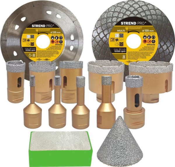 Sada vyrezávačov Strend Pro, 6 - 68 mm, diamantová, M14, plastový box, 2 x kotúč, 1 x zväčšovač dier
